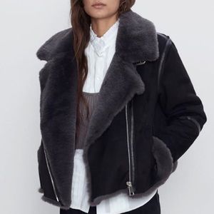 Zara faux fur moto jacket in size S